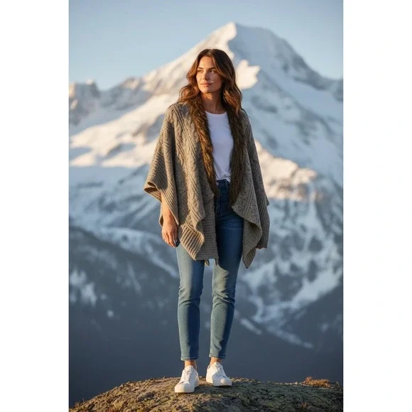 XOXO Womens Cable Knit Faux Fur Trim Poncho Shawl Cardigan Sweater M - Picture 1 of 11